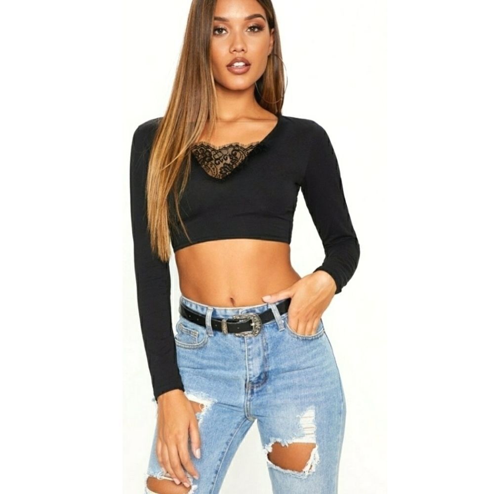 BCBGMaxAzria Black Long Sleeve Lace Crop Top NWT